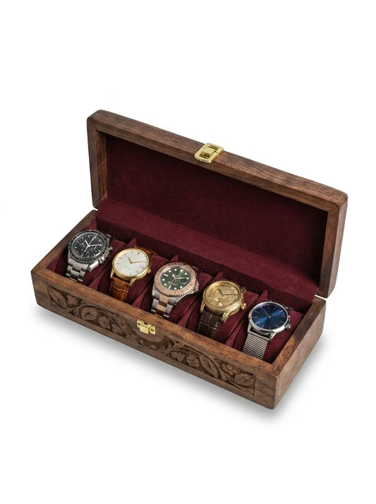 Handcrafted Wooden Watch Box - 5 Slots | Carved Sides, Shape-Holding Cushions | Sheesham Wood
