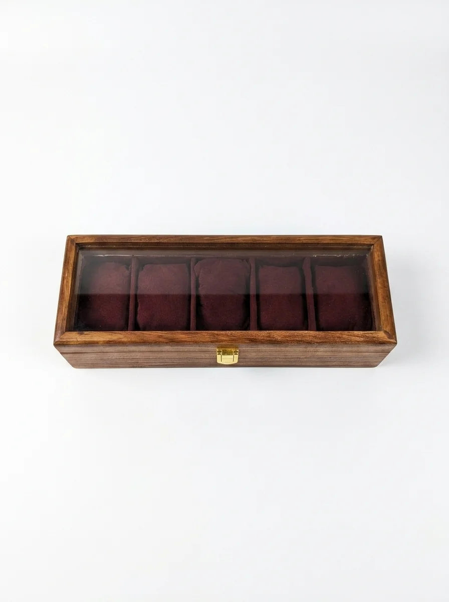 Handcrafted Sheesham Wood Watch Box with Glass Lid | Organizer for 5 Watches