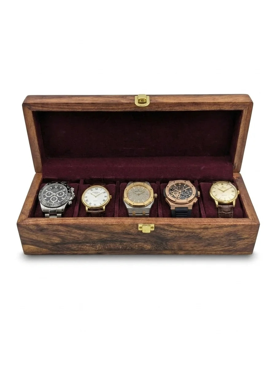 Handcrafted Wooden Watch Box 5 Slots | Plain Design | Sheesham Wood
