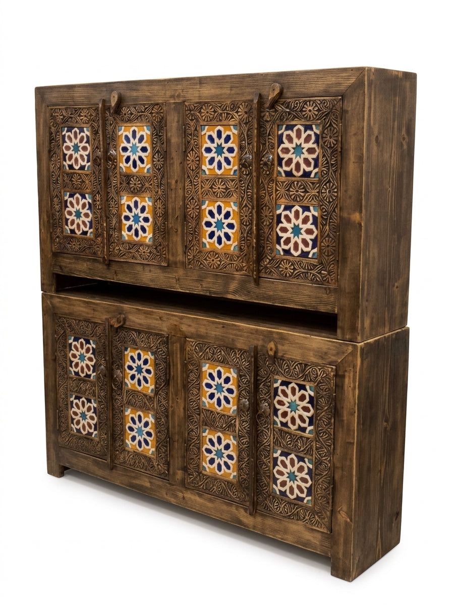 Hand-Carved Wooden 4-Door Swati Tile Inlay Cabinet Espresso Finish Credenza