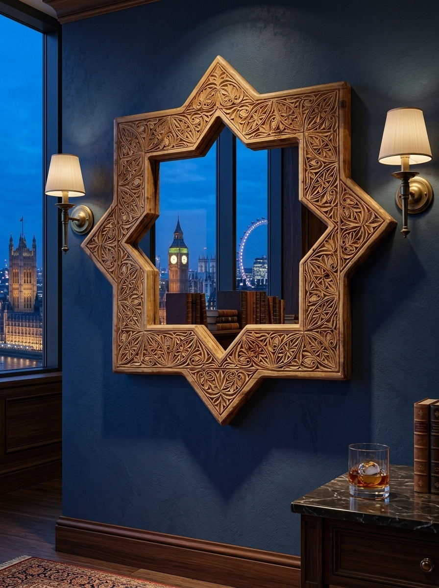 Hand Carved Wooden Wall Mirror Design - Star Shaped Mirror