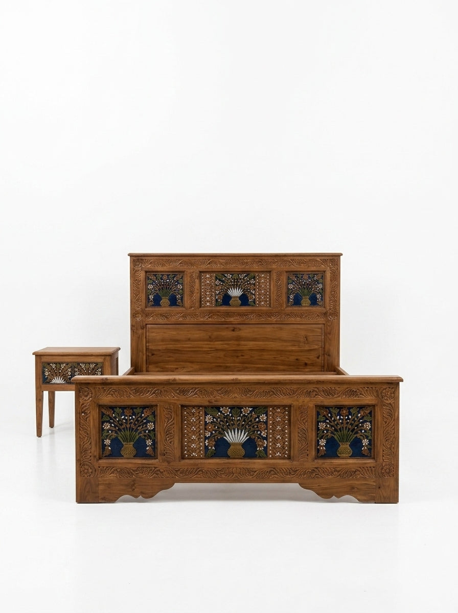Hand-Carved Swati Floral Inlay Twin Bed with Matching Nightstand