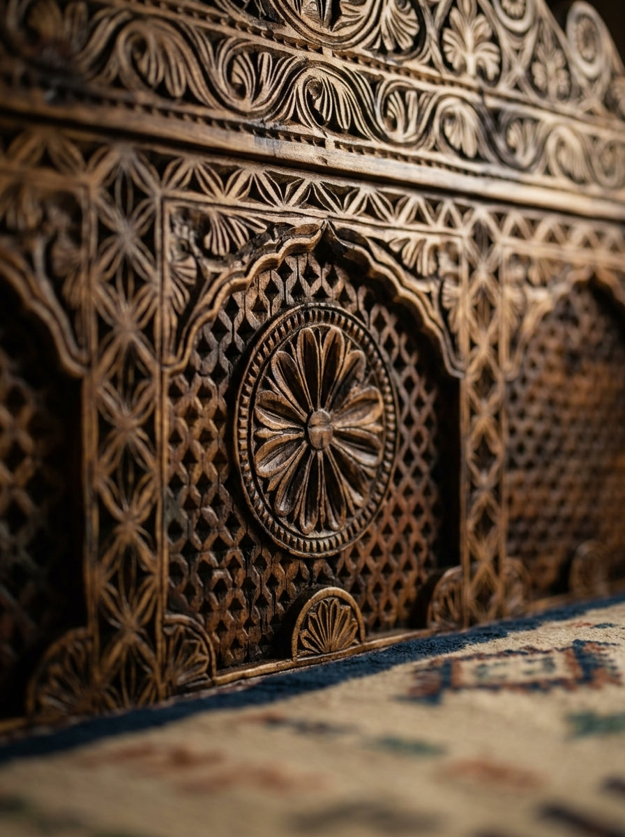 Hand-Carved Swati Wooden Bench with Upholstered Seat