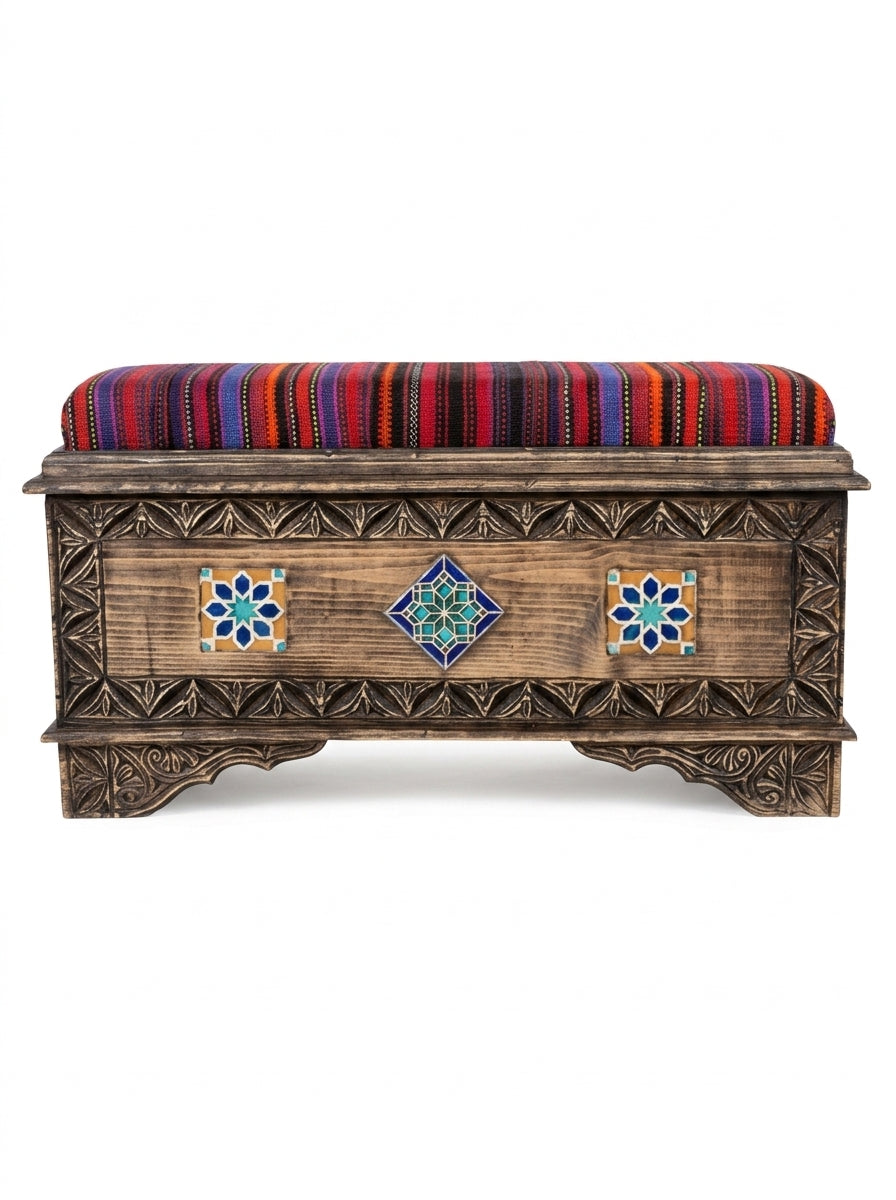 Hand-Carved Swati Wooden Storage Bench with Striped Kilim Cushion