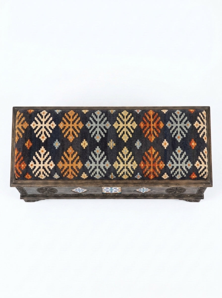 Hand-Carved Wooden Storage Bench with Mosaic Tile Swati Art Ottoman