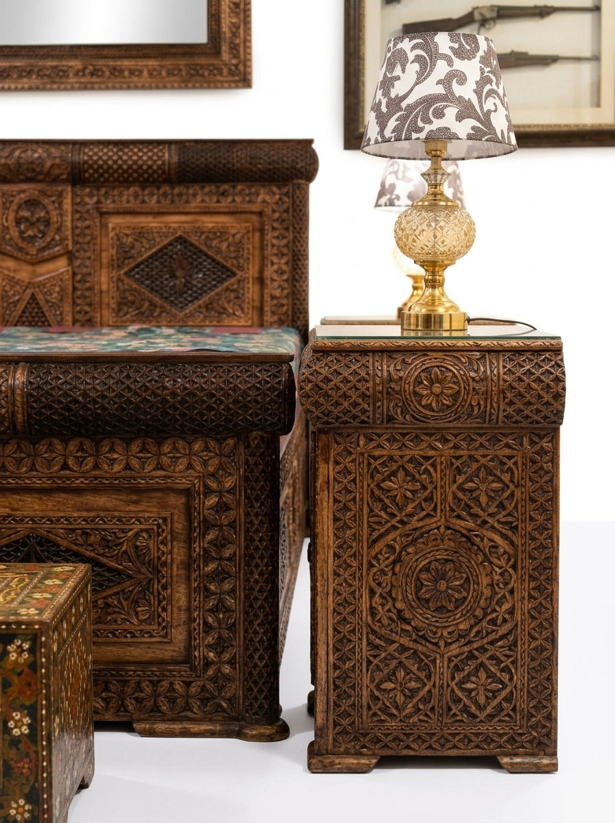 Hand-Carved Swati Wooden Bed Set – King Bed with Nightstands & Trunk