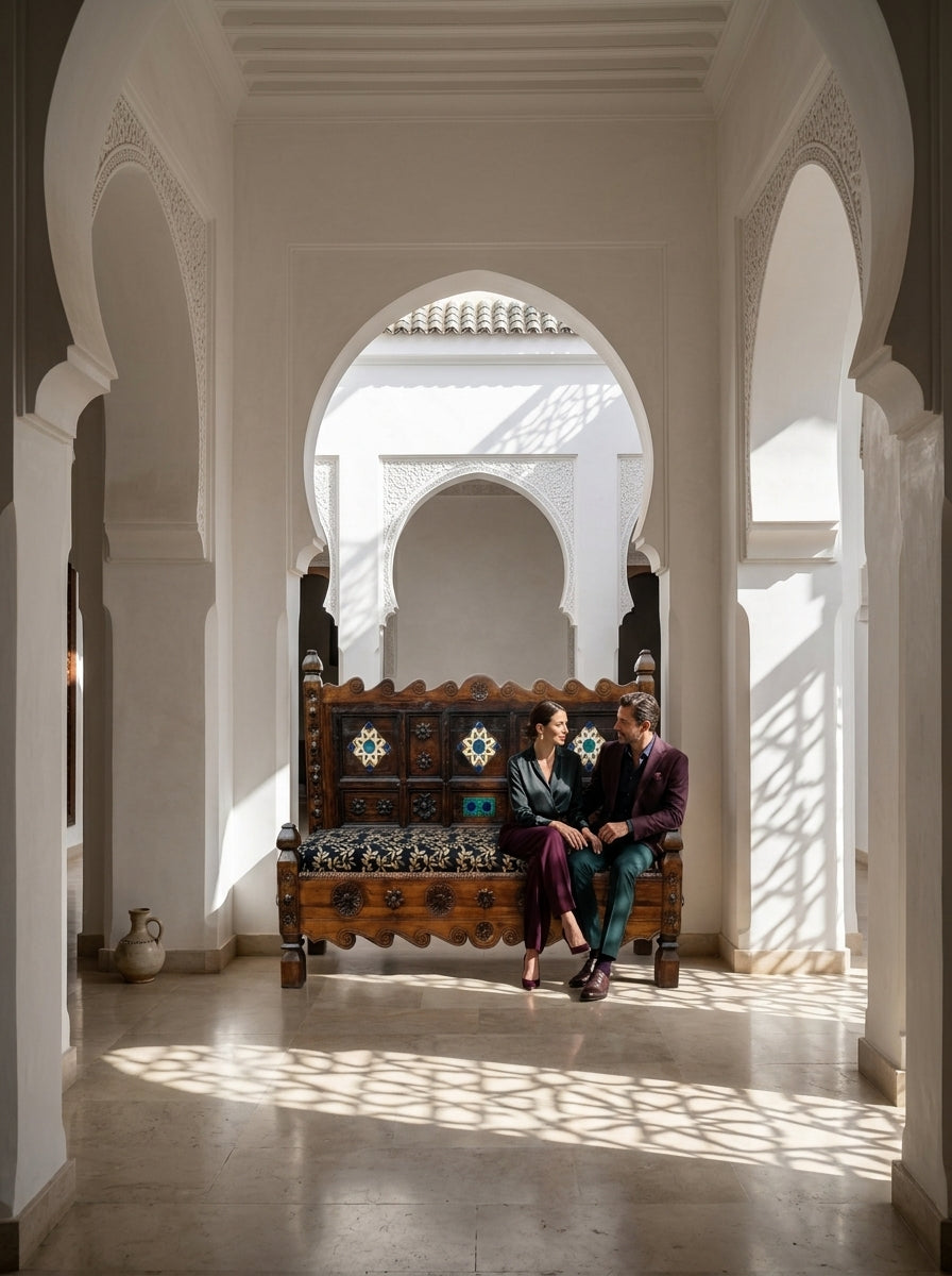 Hand-Carved Swati Wooden Bench – Two Seater Indoor Sitting Bench with Tile Inlay