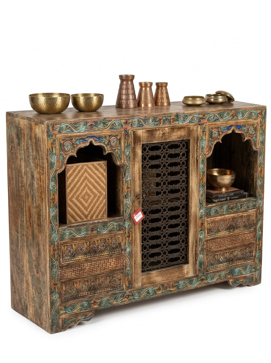 Hand-Carved Wooden Jharokha Sideboard Swati Art Door Accent Cabinet