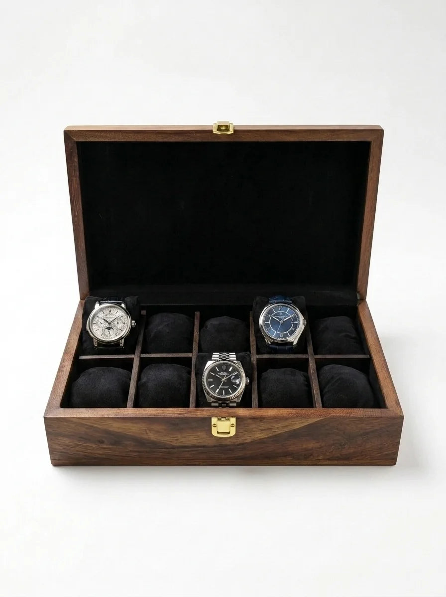 Handcrafted Wooden Watch Box, 10 Slots | Plain Top, Plain Design | Sheesham Wood