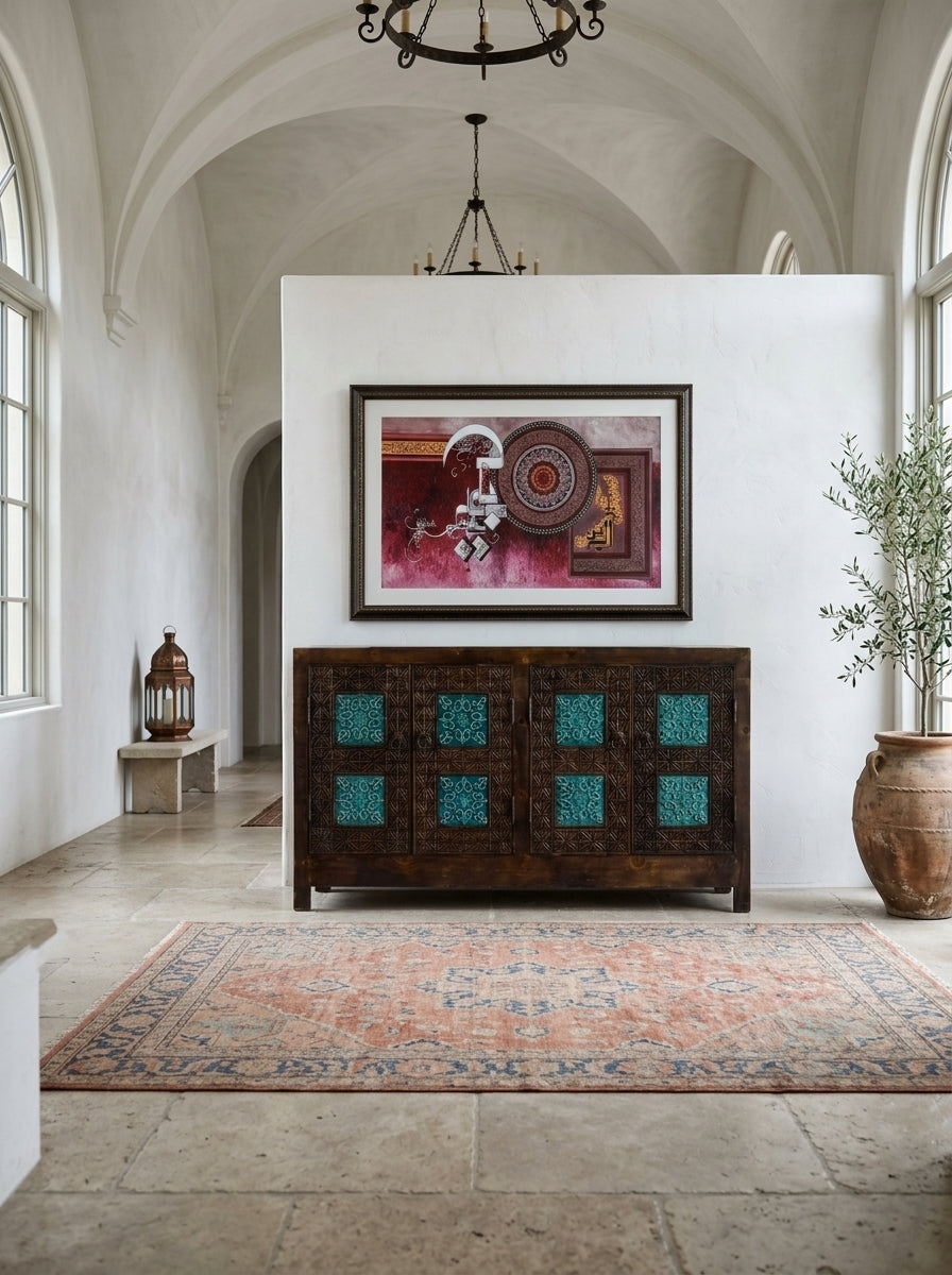 Hand-Carved Wooden Credenza Cabinet – Swati Art Tile Inlay Sideboard