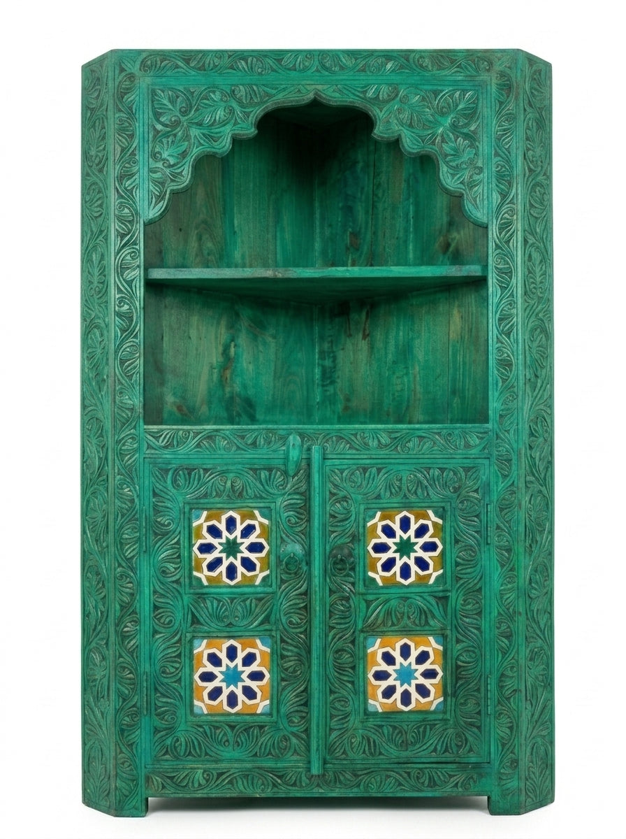 Hand-Carved Swati Green Wooden Corner Cabinet – Tile Inlay Cabinet