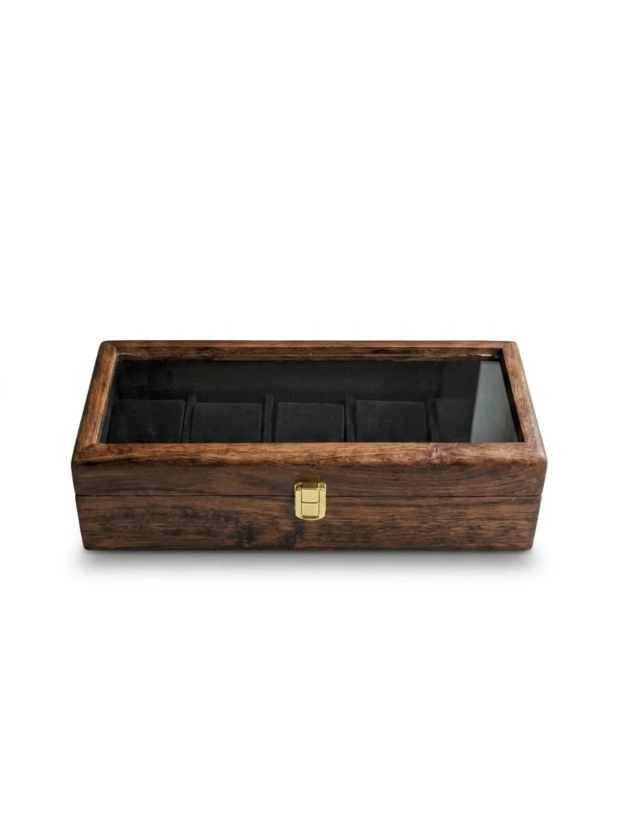 Handcrafted Wooden Watch Box 5 Slots | Glass Lid, Shape-Holding Cushions | Sheesham Wood