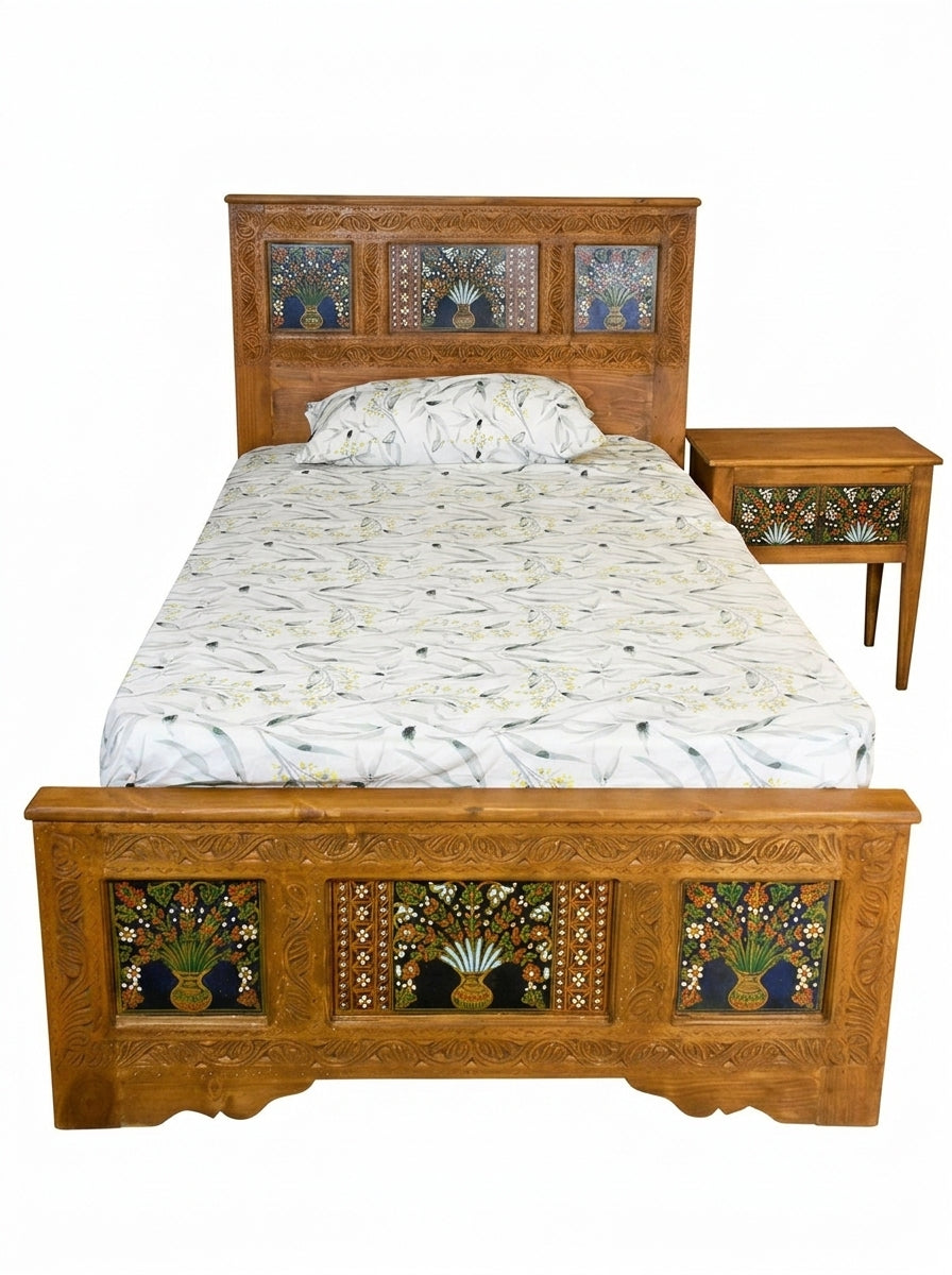 Hand-Carved Swati Floral Inlay Twin Bed with Matching Nightstand