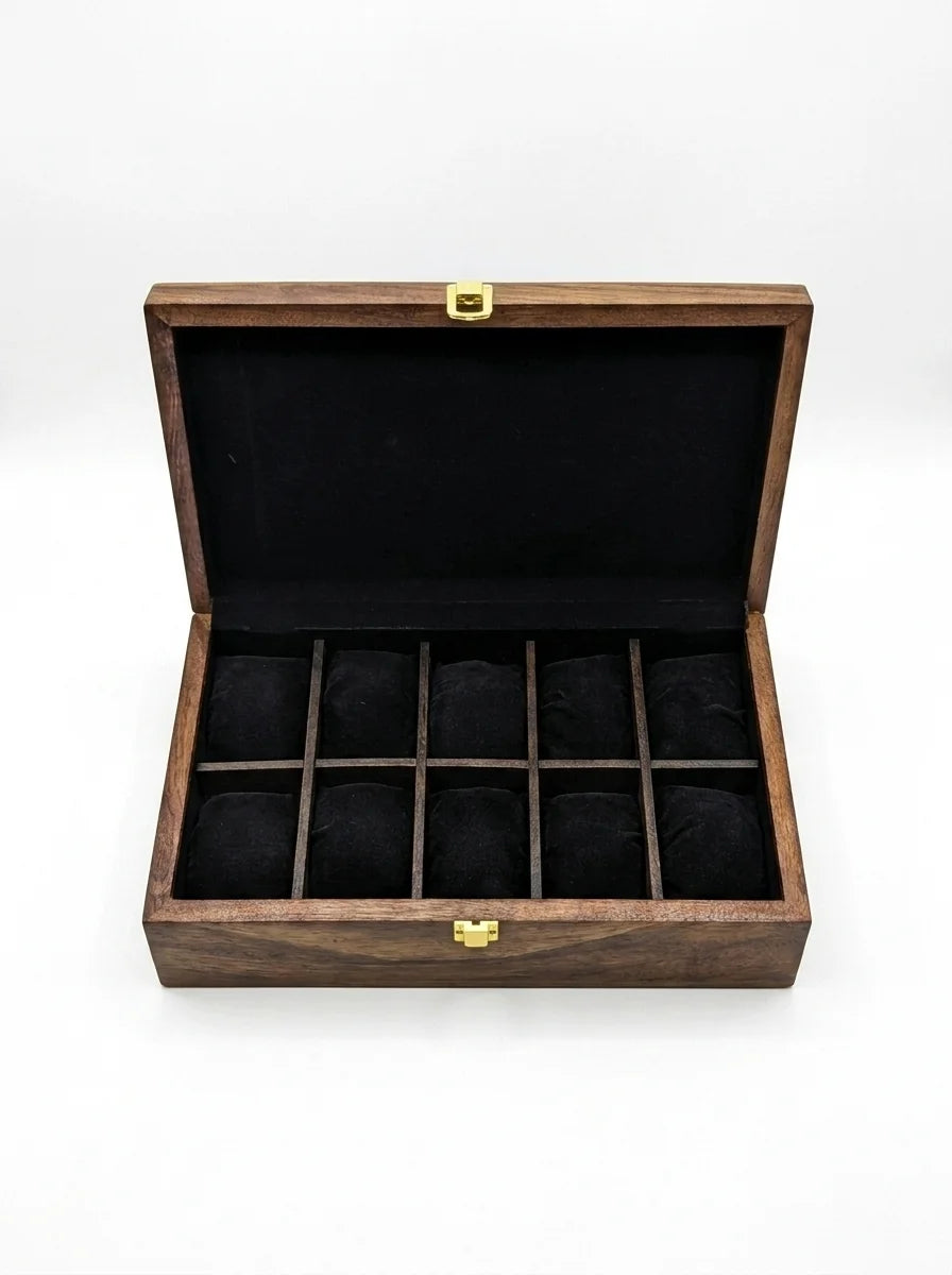 Handcrafted Wooden Watch Box, 10 Slots | Plain Top, Plain Design | Sheesham Wood