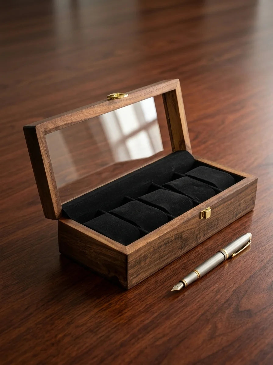 Handcrafted Wooden Watch Box 5 Slots | Glass Lid, Shape-Holding Cushions | Sheesham Wood