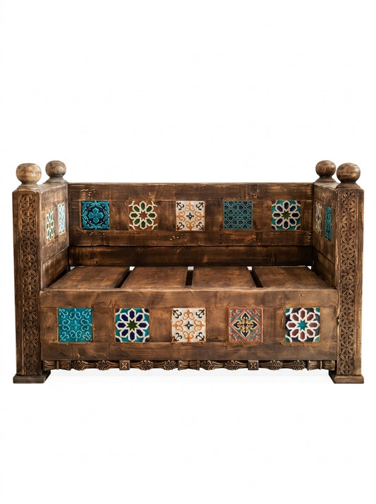 Hand-Carved Swati Art Wooden Bench – Traditional Tile Inlay 2 Seater Bench