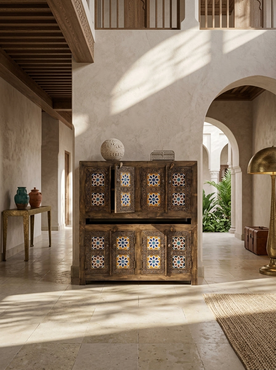 Hand-Carved Wooden 4-Door Swati Tile Inlay Cabinet Espresso Finish Credenza