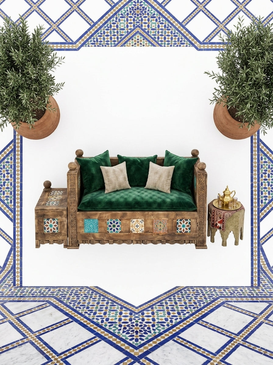 Hand-Carved Swati Art Wooden Bench – Traditional Tile Inlay 2 Seater Bench