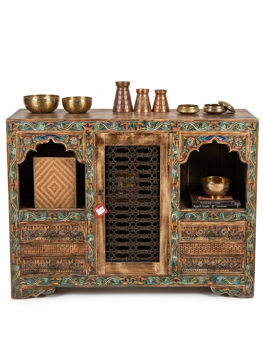 Hand-Carved Wooden Jharokha Sideboard Swati Art Door Accent Cabinet