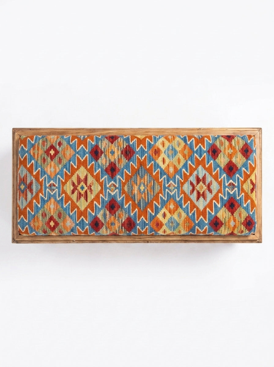 Hand-Carved Swati Wooden Storage Bench with Geometric Kilim Cushion