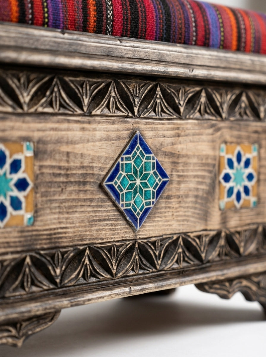 Hand-Carved Swati Wooden Storage Bench with Striped Kilim Cushion