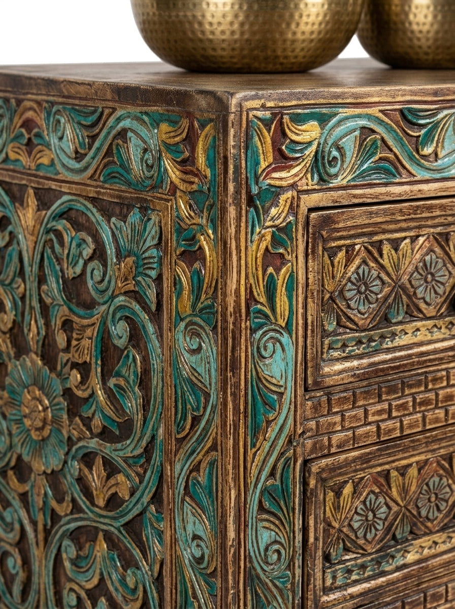 Hand-Carved Wooden Jharokha Sideboard Swati Art Door Accent Cabinet