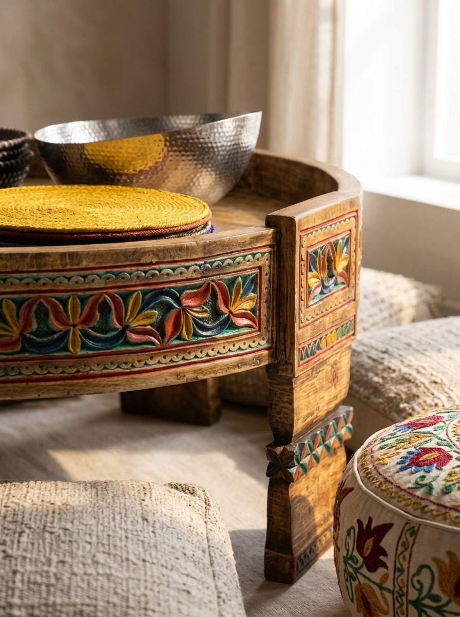 Handcrafted Boho Coffee Table - Vintage Round Wooden Low Profile Centerpiece