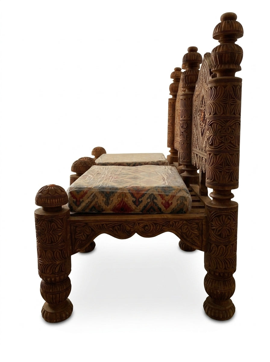 Hand-Carved Wooden Low Seating Chairs Set – Traditional Swati Design