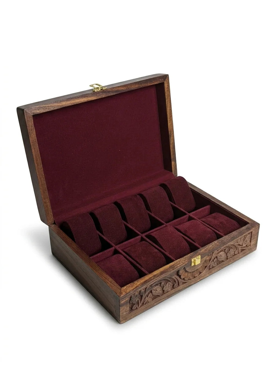 Handcrafted Wooden Watch Box | Plain Top, Carved Sides, Shape-Holding Cushions, 10 Watches