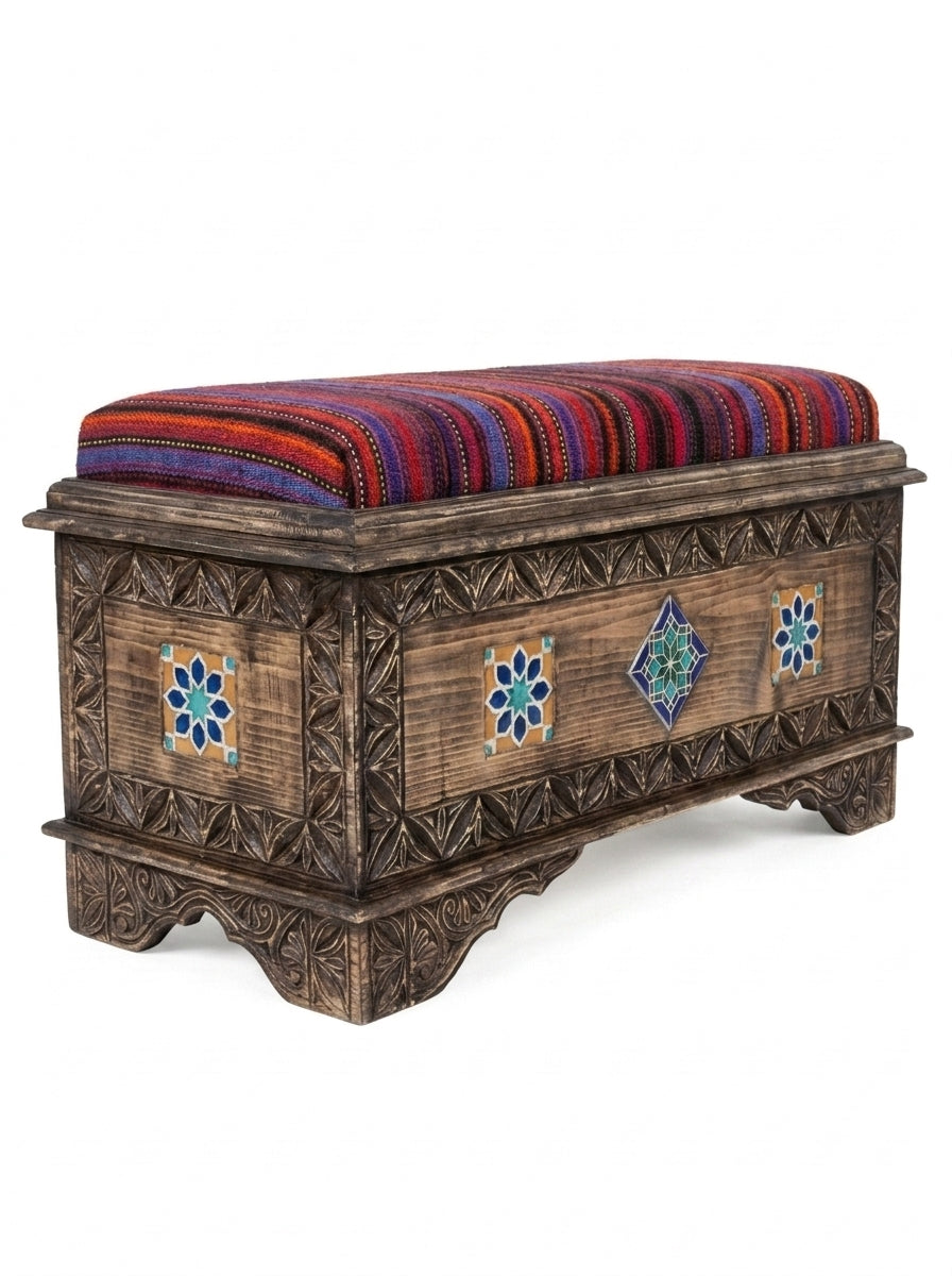 Hand-Carved Swati Wooden Storage Bench with Striped Kilim Cushion