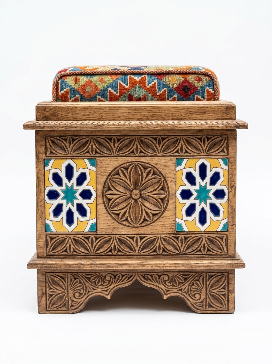 Hand-Carved Swati Wooden Storage Bench with Geometric Kilim Cushion
