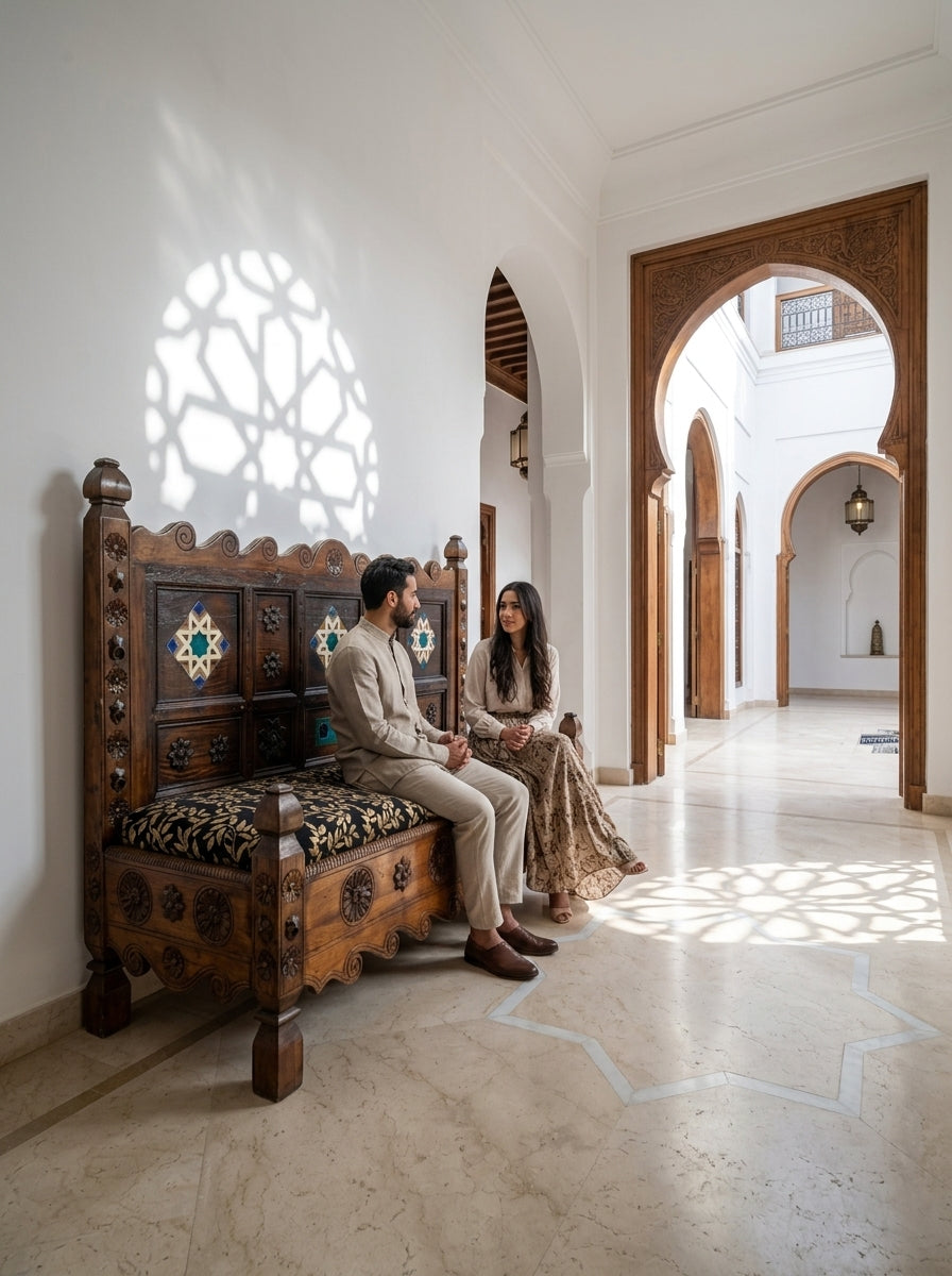 Hand-Carved Swati Wooden Bench – Two Seater Indoor Sitting Bench with Tile Inlay
