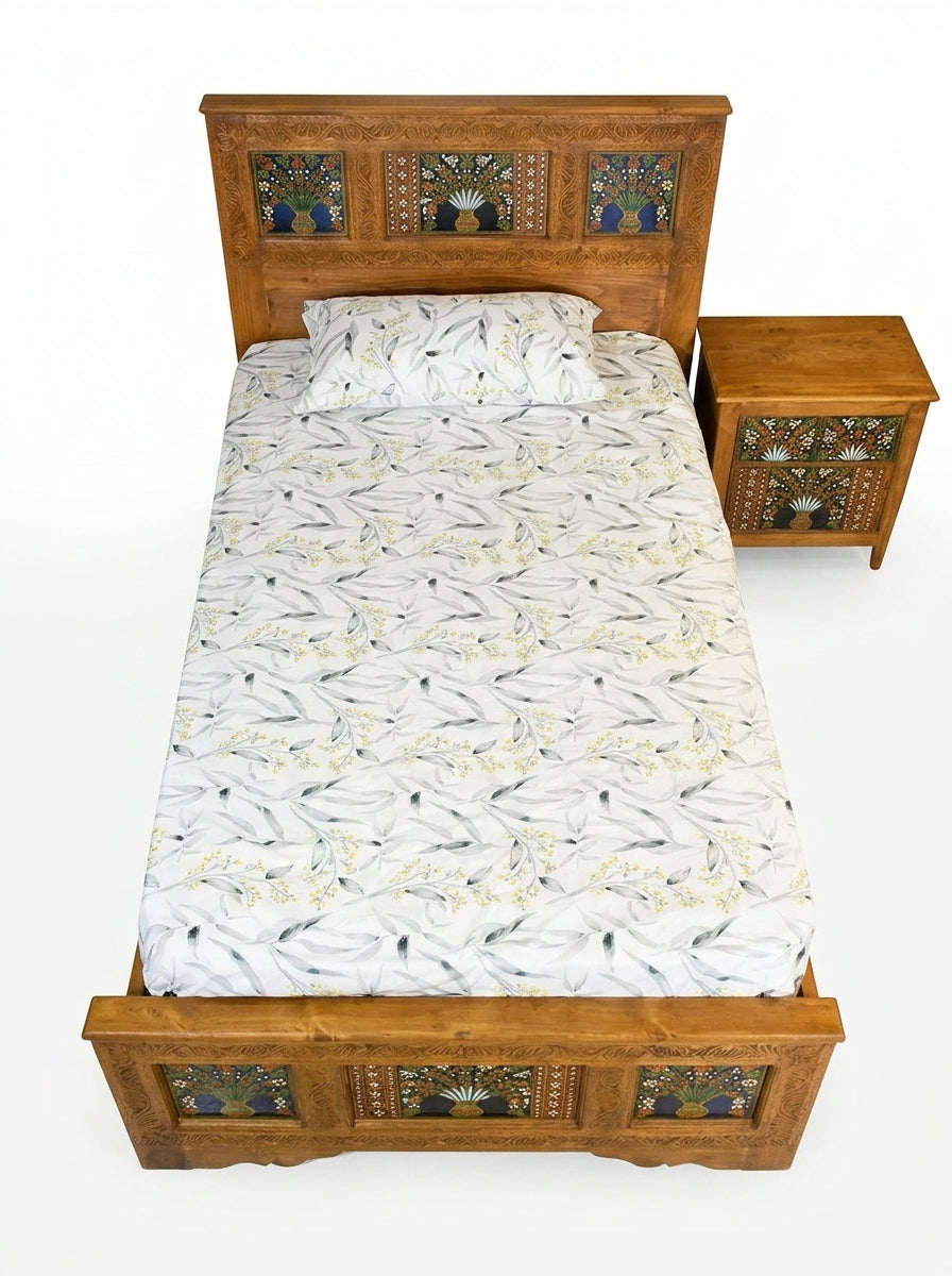 Hand-Carved Swati Floral Inlay Twin Bed with Matching Nightstand