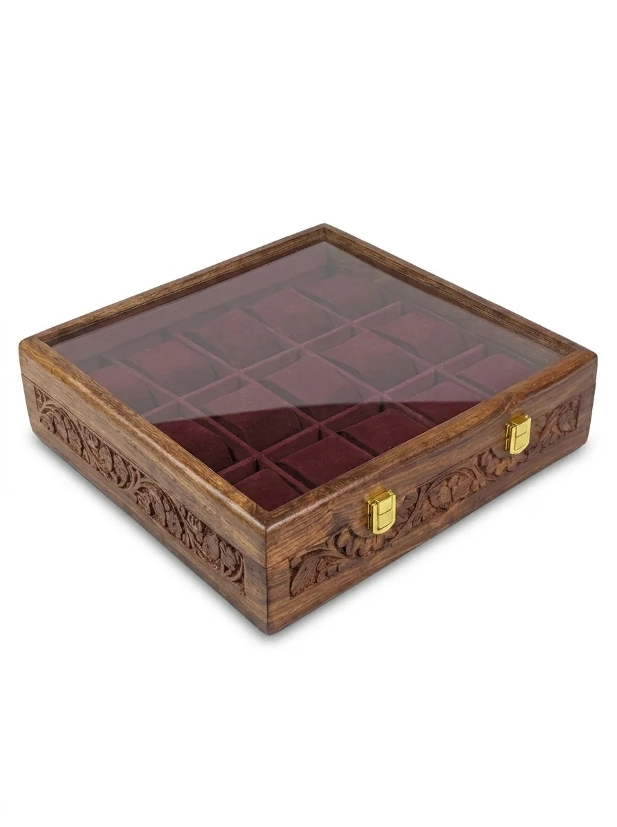 Handcrafted Wooden Watch Box 15 Slots | Glass Lid, All-Around Carved, Shape-Holding Cushions | Sheesham Wood