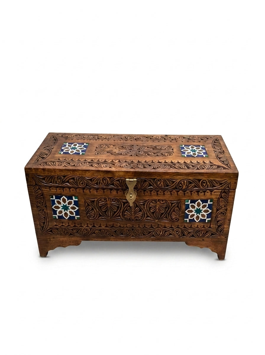 Handcrafted Wooden Ottoman Storage Box - Wooden Storage Boxes with Inlay