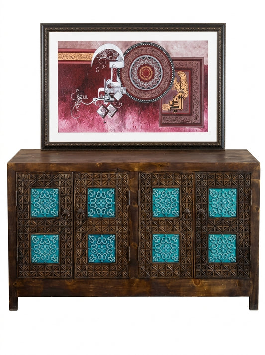 Hand-Carved Wooden Credenza Cabinet – Swati Art Tile Inlay Sideboard