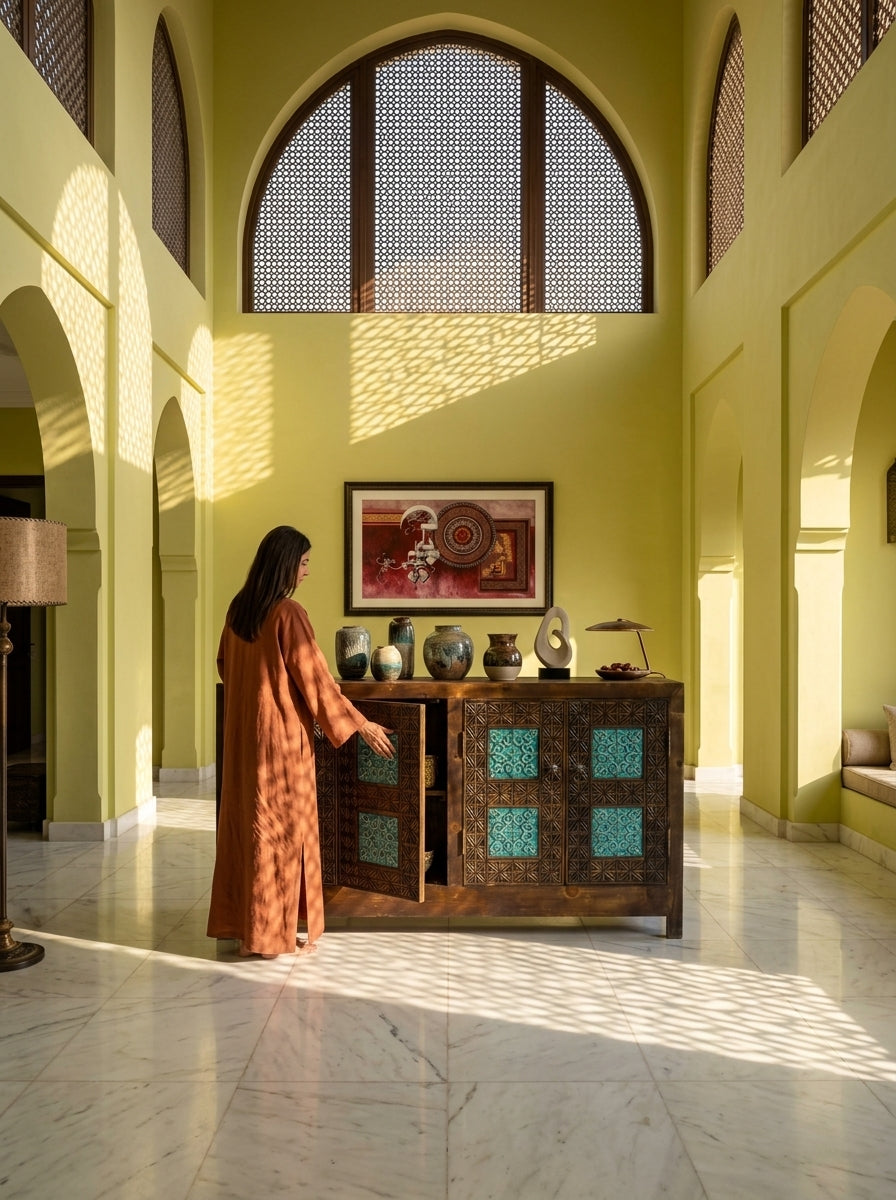 Hand-Carved Wooden Credenza Cabinet – Swati Art Tile Inlay Sideboard