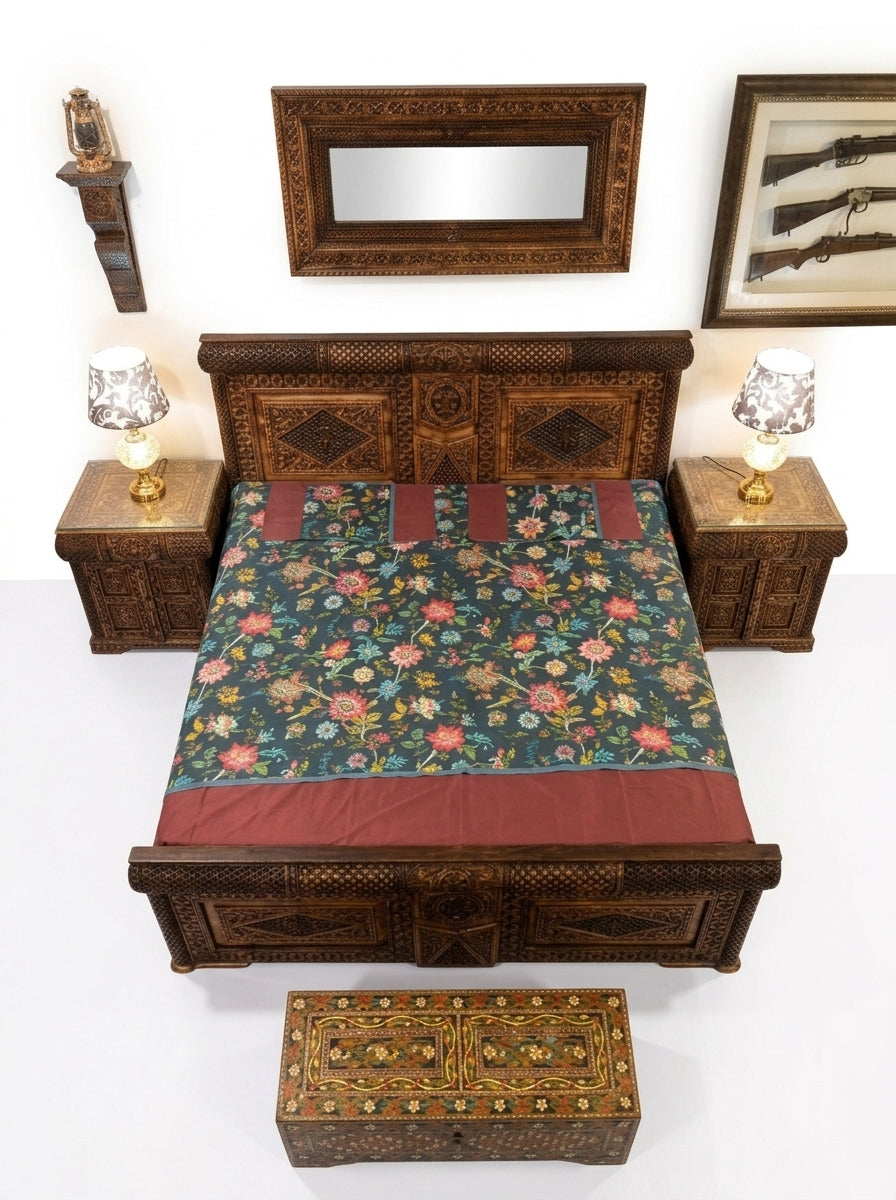 Hand-Carved Swati Wooden Bed Set – King Bed with Nightstands & Trunk