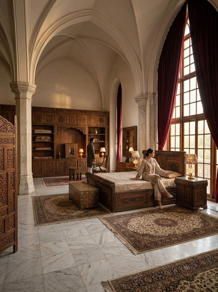 Hand-Carved Swati Wooden Bed Set – King Bed with Nightstands & Trunk