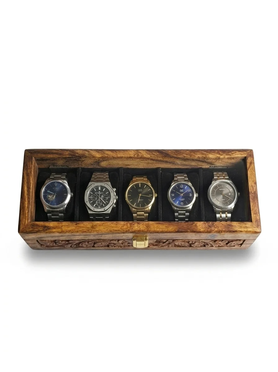 Handcrafted Wooden Watch Box 5 Slots | All-Around Carved | Soft Velvet | Sheesham Wood