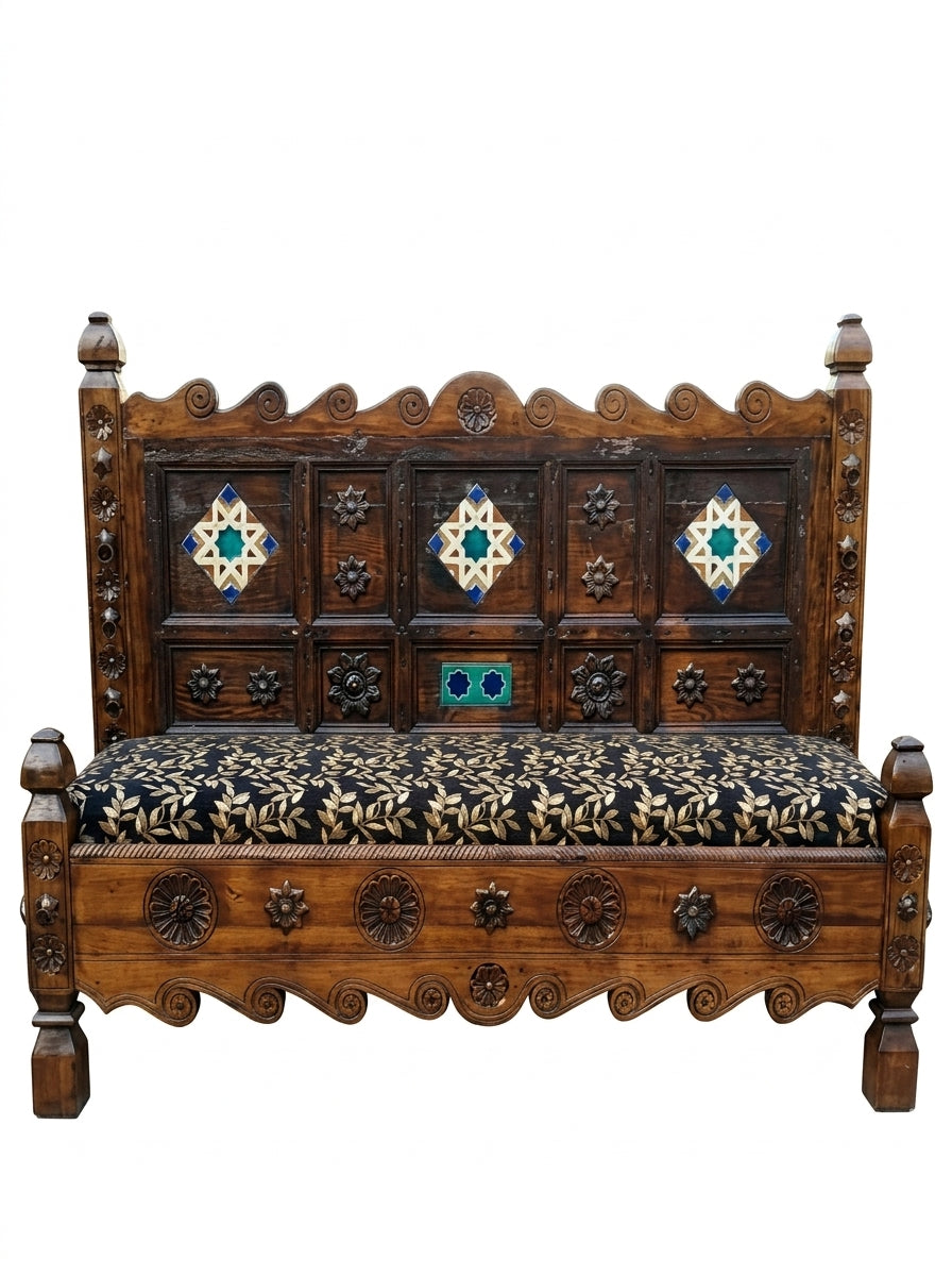 Hand-Carved Swati Wooden Bench – Two Seater Indoor Sitting Bench with Tile Inlay