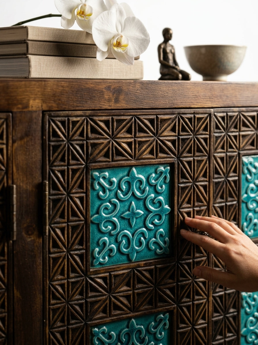 Hand-Carved Wooden Credenza Cabinet – Swati Art Tile Inlay Sideboard