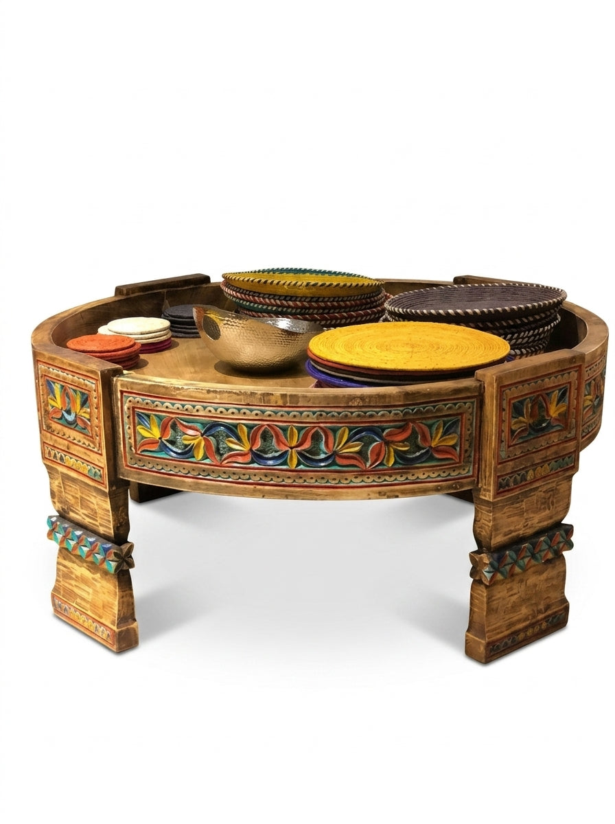 Handcrafted Boho Coffee Table - Vintage Round Wooden Low Profile Centerpiece