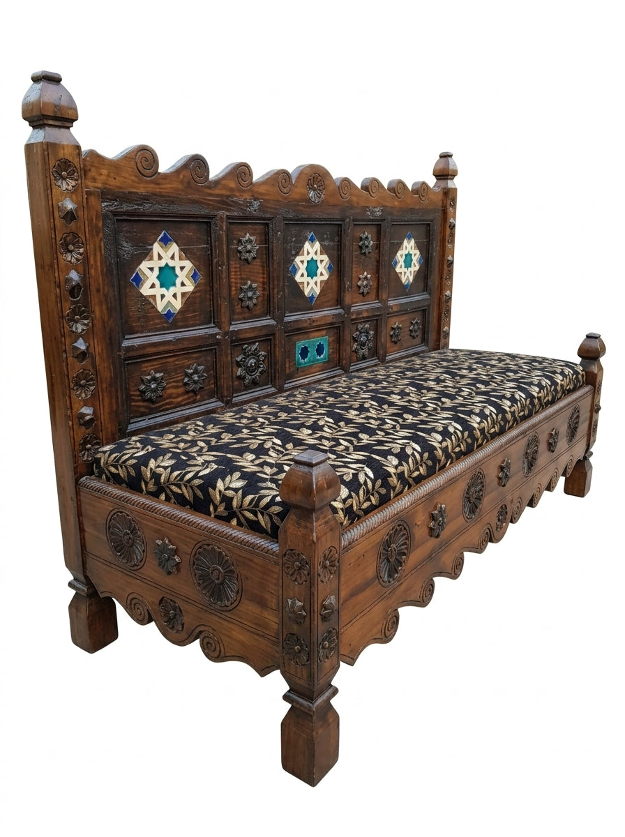 Hand-Carved Swati Wooden Bench – Two Seater Indoor Sitting Bench with Tile Inlay