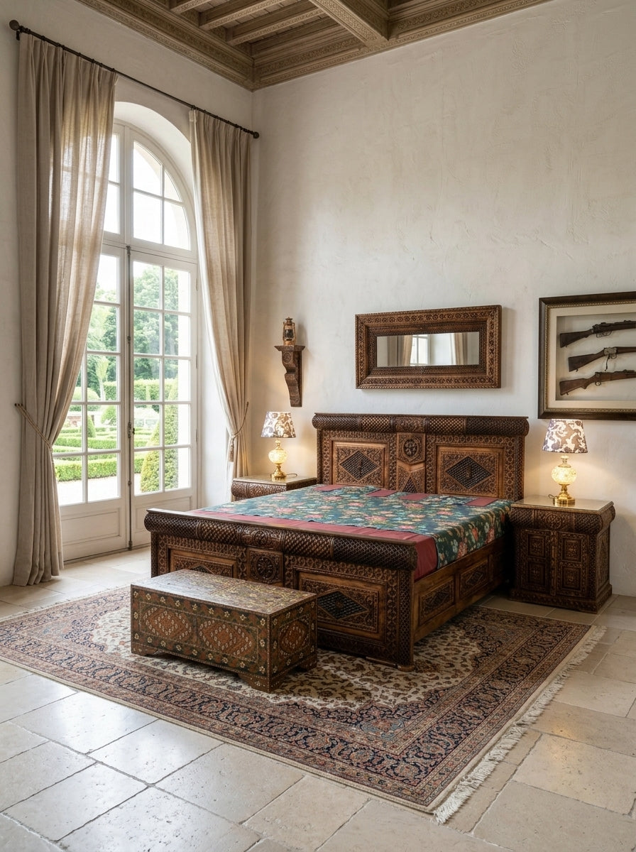 Hand-Carved Swati Wooden Bed Set – King Bed with Nightstands & Trunk