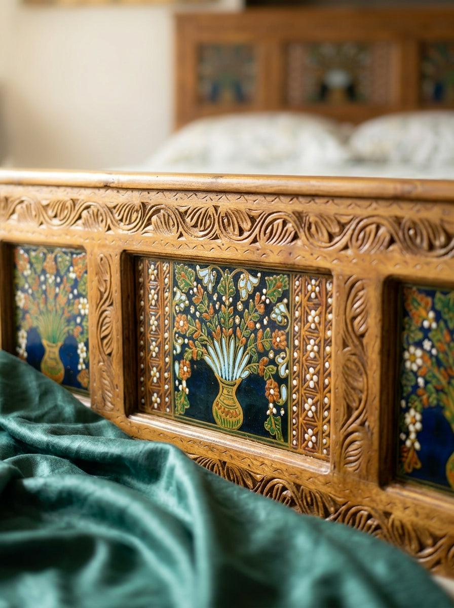 Hand-Carved Swati Floral Inlay Twin Bed with Matching Nightstand