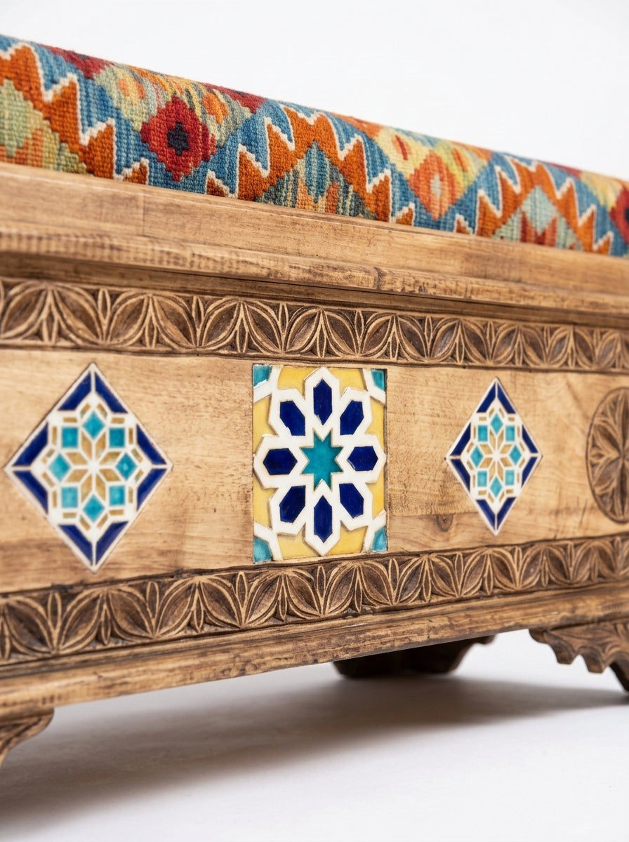 Hand-Carved Swati Wooden Storage Bench with Geometric Kilim Cushion