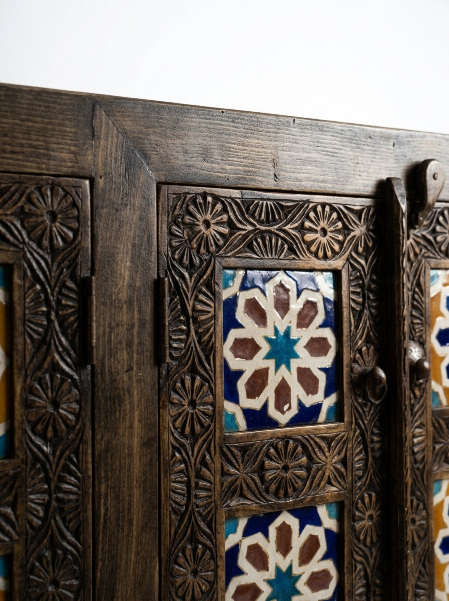 Hand-Carved Wooden 4-Door Swati Tile Inlay Cabinet Espresso Finish Credenza