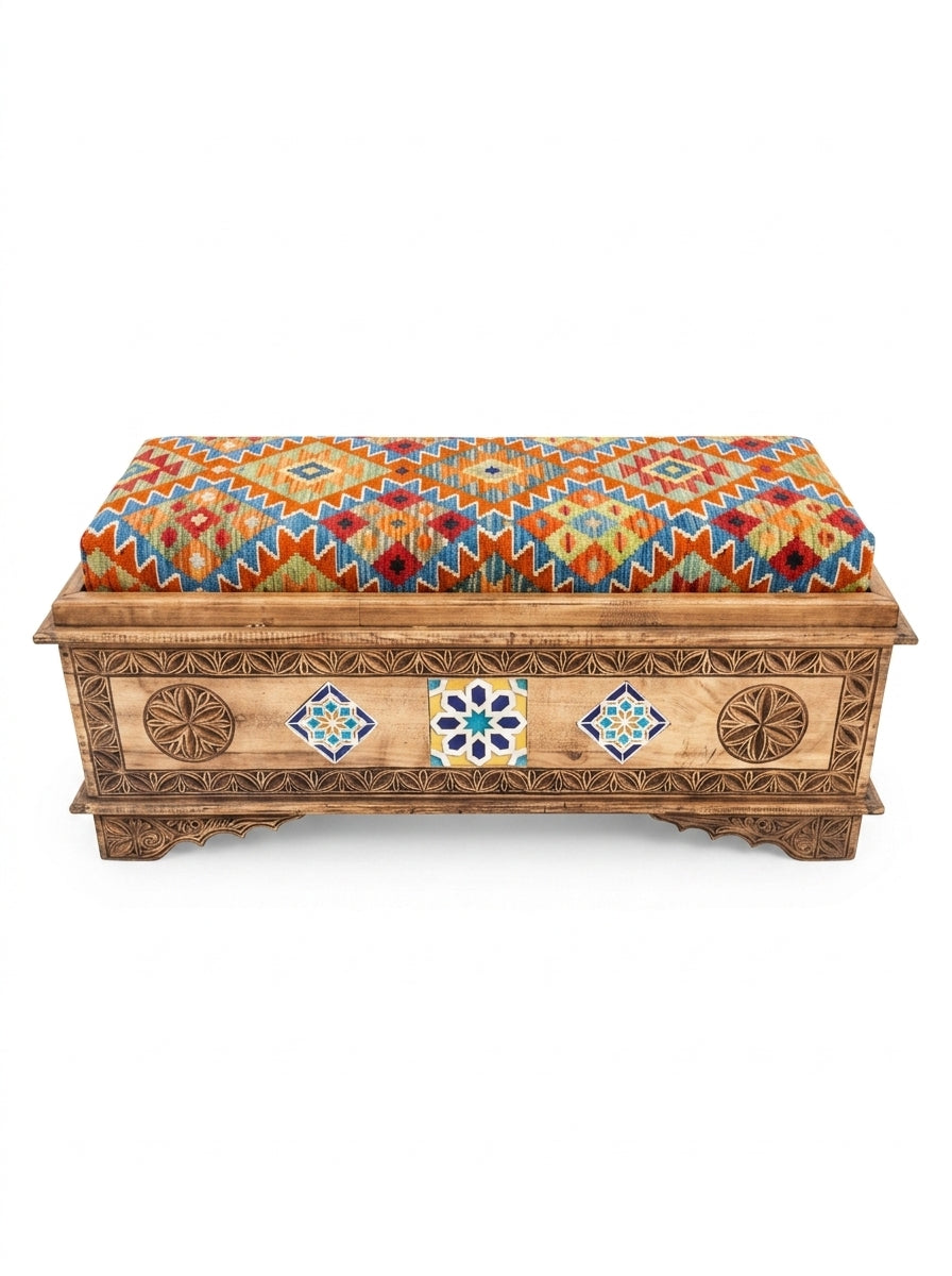 Hand-Carved Swati Wooden Storage Bench with Geometric Kilim Cushion