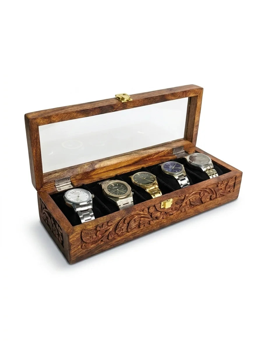 Handcrafted Wooden Watch Box 5 Slots | All-Around Carved | Soft Velvet | Sheesham Wood